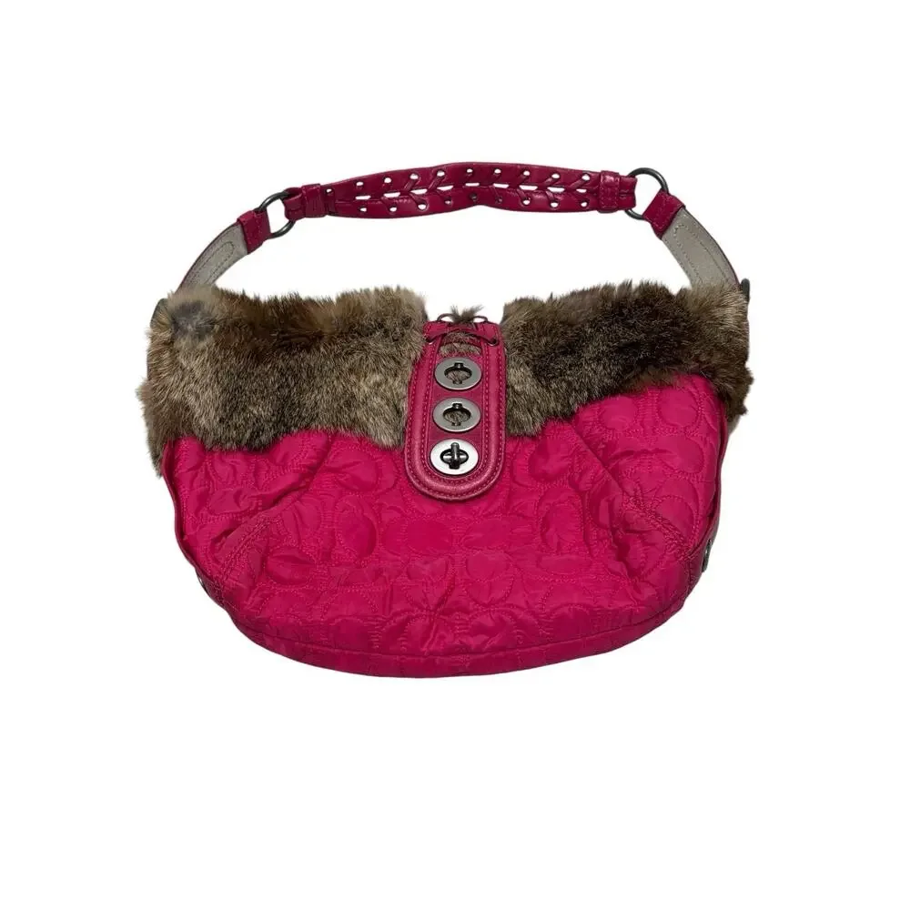 Vintage Y2K Coach Signature Pink Nylon Quilted Rabbit Fur Trim Hobo Shoulder Bag